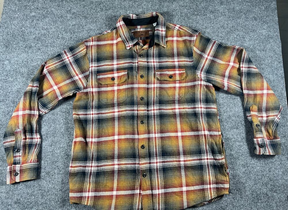 Orvis Heritage Collection Mens L Plaid Flannel Shirt Mustard Red Black Outdoor